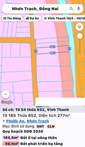 bán đất vĩnh thanh, nhơn trạch. dt 277m2, trong đó có 100m2 thổ cư, giá đầu tư cực tốt, lh ngay