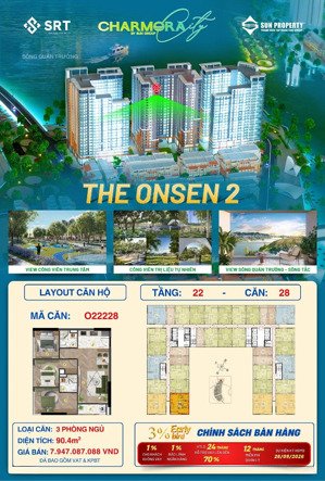 căn góc 3pn ch28 view sông, view biệt thự the onsen 2 - charmora city - sun nha trang chỉ 7,9ty
