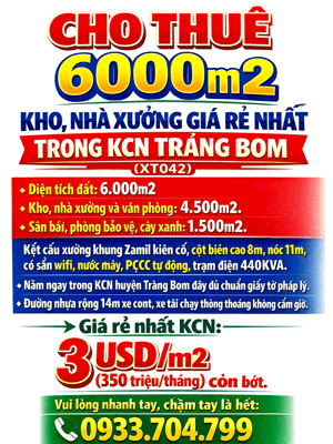 CHO THUÊ 6000m2 KHO, NHÀ XƯỞNG GIÁ RẺ NHẤT TRONG KCN TRẢNG BOM (XT042)