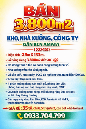 BÁN 3800m2 KHO, NHÀ XƯỞNG, CÔNG TY GẦN KCN AMATA, SỔ HỒNG RIÊNG SKC (X048)