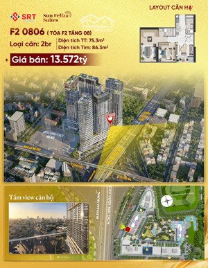 căn 2pn+ view ngoại khu thành phố, diện tích 76m2 toà f2, trực tiếp từ cđt sun group