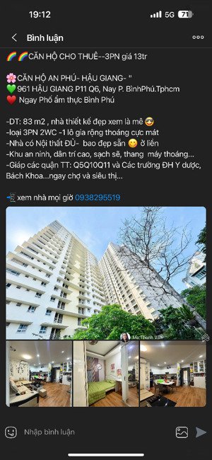 chung cư an phú hậu giang bình phú 3pn cho thuê 13 triệu đủ nội thất xịn đẹp sạch ở liền 