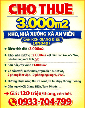CHO THUÊ 3.000m2 KHO, NHÀ XƯỞNG XÃ AN VIỄN GẦN KCN GIANG ĐIỀN (XN049)