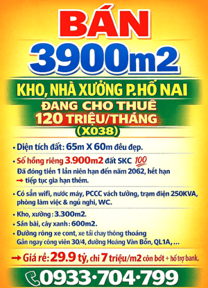 BÁN 3900m2 KHO, NHÀ XƯỞNG HỐ NAI, ĐANG CHO THUÊ 120 TRIỆU/THÁNG, SỔ HỒNG SKC (X038)