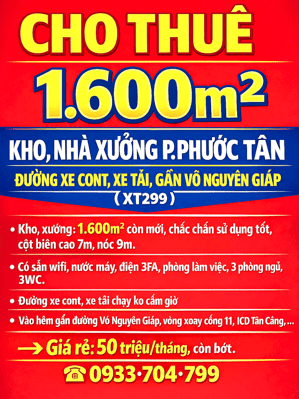 CHO THUÊ 1600m2 KHO, NHÀ XƯỞNG P.PHƯỚC TÂN, ĐƯỜNG XE CONT XE TẢI GẦN VÕ NGUYÊN GIÁP (XT299)