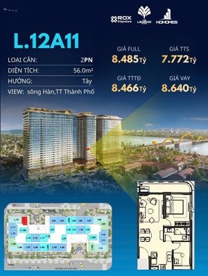 căn hộ 2pn the legend đà nẵng 56m view sông hàn giá tốt.