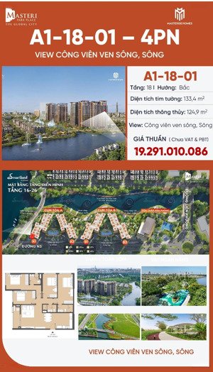 với 18,040 tỷ - căn 4pn tầng cao khu masteri park place - the global city, view trực diện sông