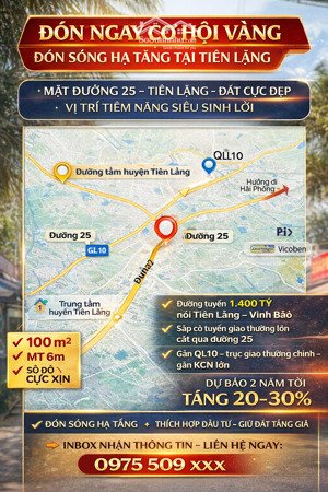 bán lô đất đường 25 tiên lãng hải phòng- mặt tiền 6m- mặt đường 20m - đón sóng quy hoạch