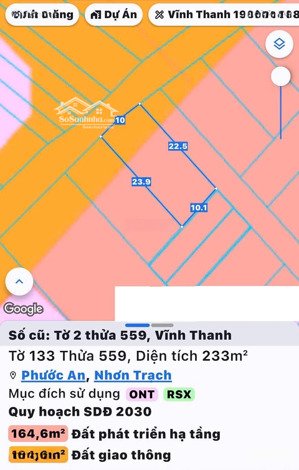 bán đất vĩnh thanh, nhơn trạch. dt 233m2, sổ sẵn sàng, gd ngay, giá đầu tư tốt, cơ hội chỉ có 1