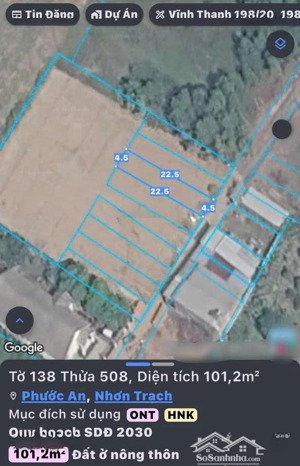 bán đất vĩnh thanh, nhơn trạch. dt 101,2m2, có 90m2 thổ cư. giá đầu tư, giao dịch ngay trong ngày