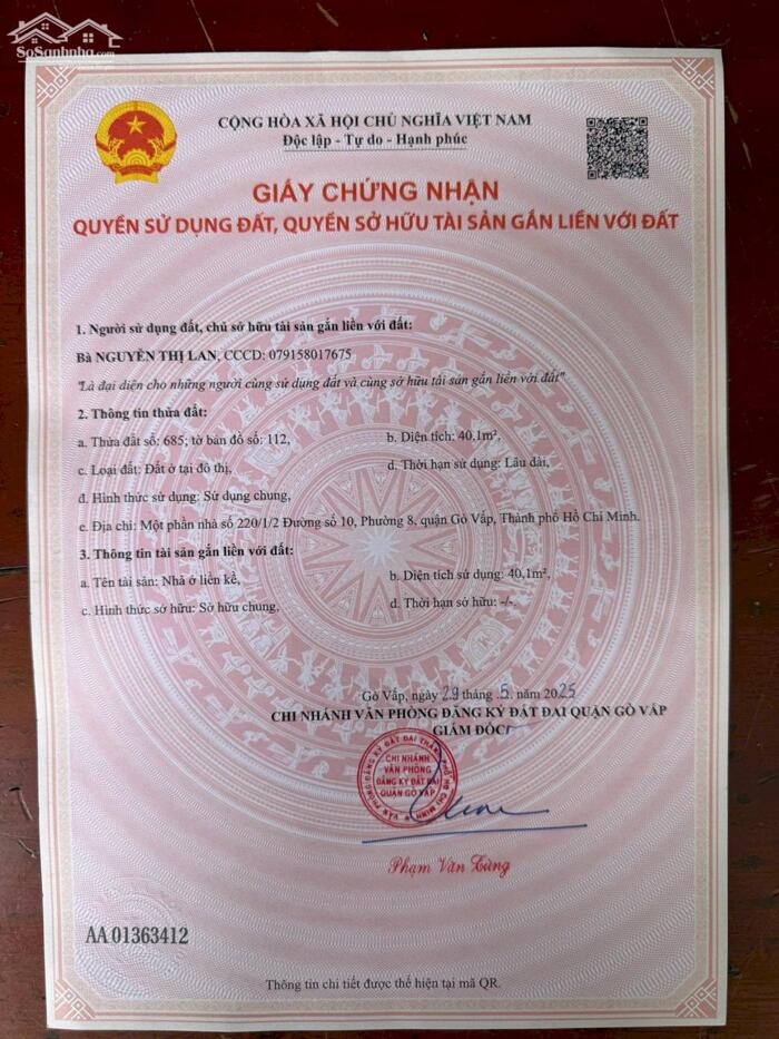 Hình ảnh Bán lô đất vị trí đẹp hẻm 220 Nguyễn Văn Khối, P.9. GV. 1