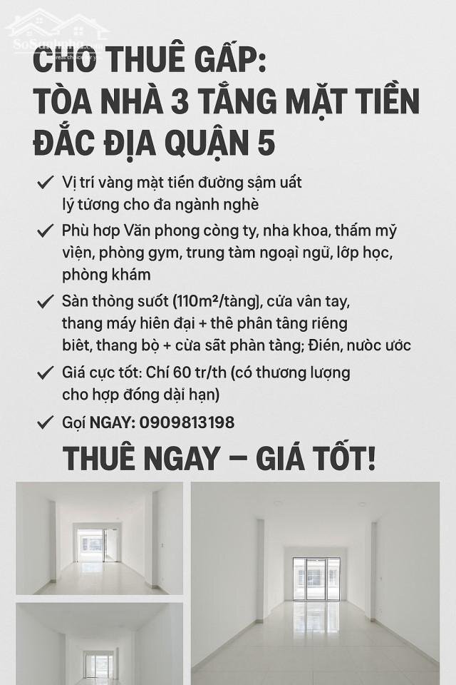 Hình ảnh CHO THUÊ GẤP: Tòa Nhà 3 Tầng Mặt Tiền Đắc Địa Quận 5 0