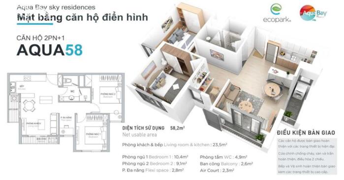 Hình ảnh Bán 2 ngủ 1 vệ sinh , 59m2 sử dụng - chung cư Aqua Bay , KĐT Ecopark - Giá chỉ 3 tỷ 860 0