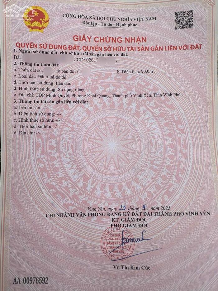 Hình ảnh Bán đất 90m2, full thổ cư xây nhà đẹp tại Minh Quyết, Khai Quang, Vĩnh Yên 0