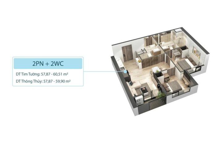 Hình ảnh Bán 2 ngủ 2 vệ sinh , 60m2 sử dụng - View Đảo, Đông Nam , chung cư Sky Oasis Ecopark 2