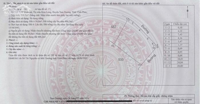 Hình ảnh Bán lô 518m2 góc 2 mặt tiền Kim Long, Tam Dương gần KCN 1