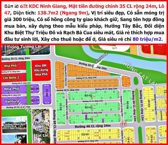 Hình ảnh BDS HVL Bán lô đất KDC Ninh Giang, Mặt tiền đường chính 35 CL rộng 24m, Lô 47 0