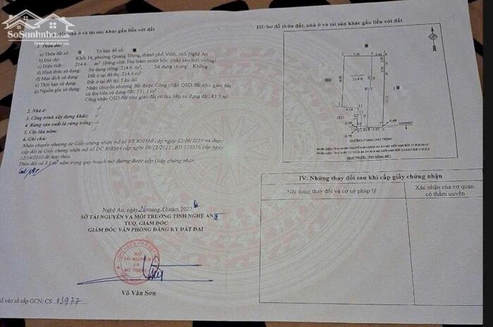 Hình ảnh Bán đất 215m2 mặt đường Phan Chu Trinh, phường Quang Trung cũ, TP Vinh 0