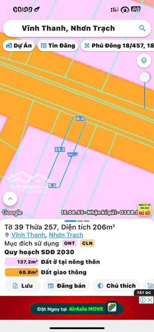 bán đất tại vĩnh thanh, nhơn trạch, đồng nai. dt 6,2mx33m, sổ đỏ đầy đủ, giao dịch ngay trong ngày