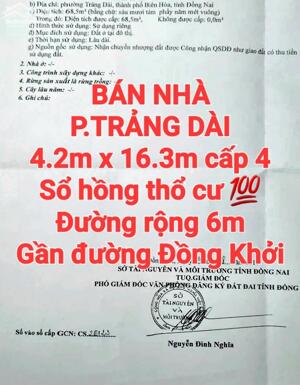 BÁN NHÀ TRẢNG DÀI, SỔ HỒNG RIÊNG THỔ CƯ, ĐƯỜNG RỘNG 6m GẦN ĐƯỜNG ĐỒNG KHỞI